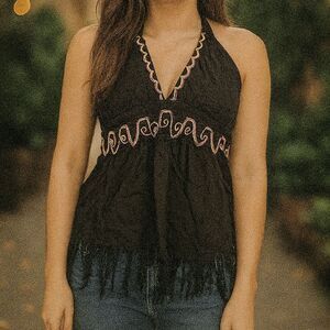 Vtg Rampage Halter Top Fringe Hippie Boho Festival Y2K Fairy Size Medium